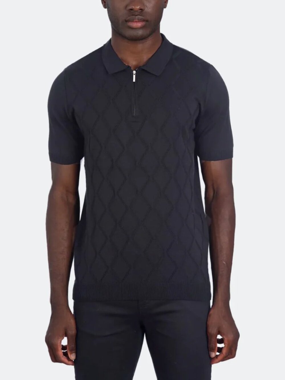 LCR Black Tonal Argyle Texture Zip Up Knit Short Sleeve Polo/4394